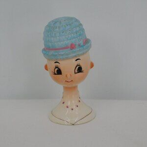 Head Vase Girl Blue Knitted Hat Vintage Japan Ceramic Small Rare 4.5" High FLAW